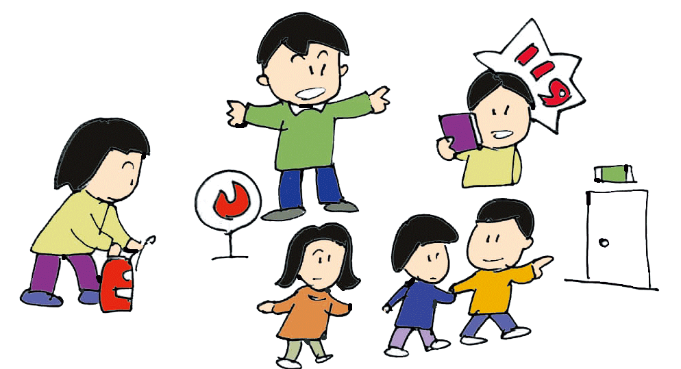 119を呼ぶ人、非常口ドアに向かって避難する人等のイラスト