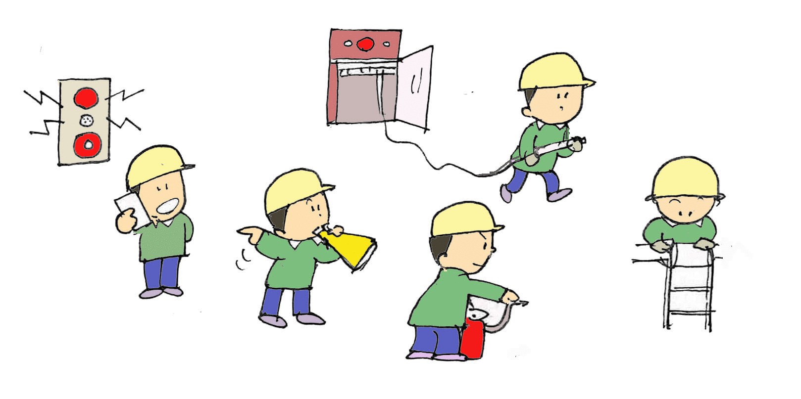 消防用散水ホースを持っている人のイラスト